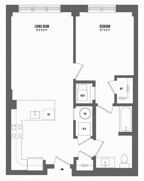 Floor plan for 1 bed, 1 bath, 740 sqft